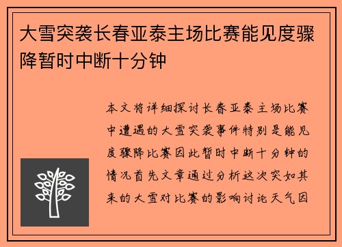 大雪突袭长春亚泰主场比赛能见度骤降暂时中断十分钟 大雪突袭长春亚泰主场比赛能见度骤降暂时中断十分钟