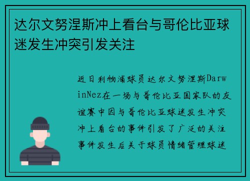 达尔文努涅斯冲上看台与哥伦比亚球迷发生冲突引发关注 达尔文努涅斯冲上看台与哥伦比亚球迷发生冲突引发关注